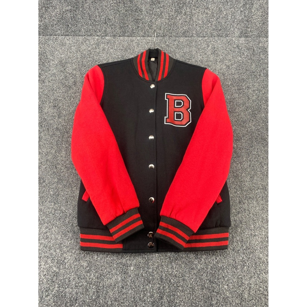 Varsity Letterman Jacket B Patch Black Red Snap Front XS Mens Womens Baseball